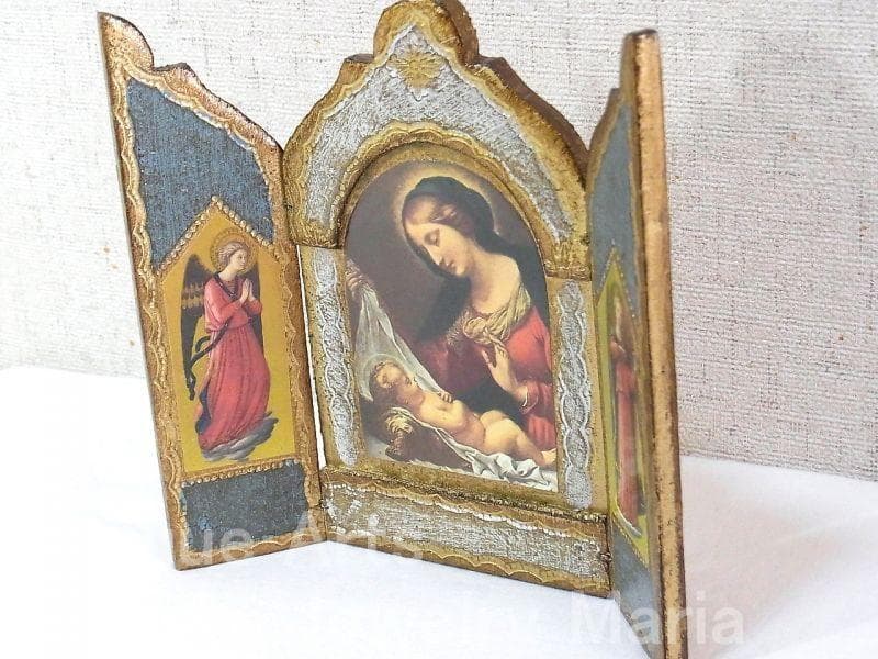 イタリア ヴィンテージ『観想の聖母マリア』カルロ・ドルチの工房作３枚続きの祭壇画