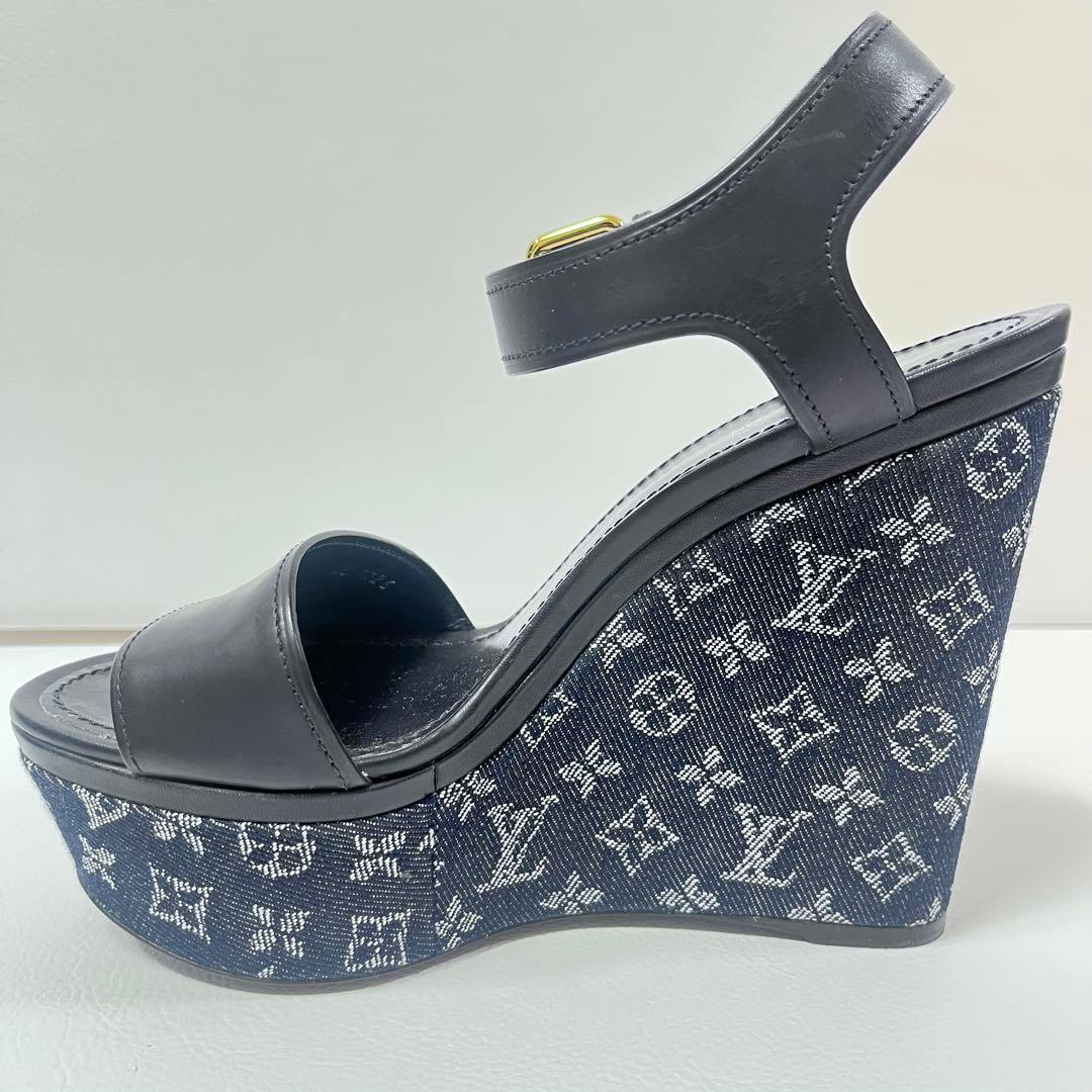 美品 ルイヴィトン　サンダル　ウエッジソール　モノグラム　デニム　ネイビー