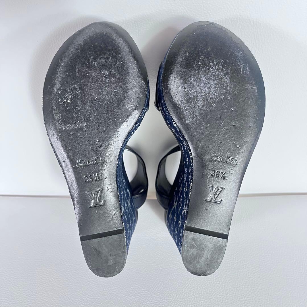 美品 ルイヴィトン　サンダル　ウエッジソール　モノグラム　デニム　ネイビー