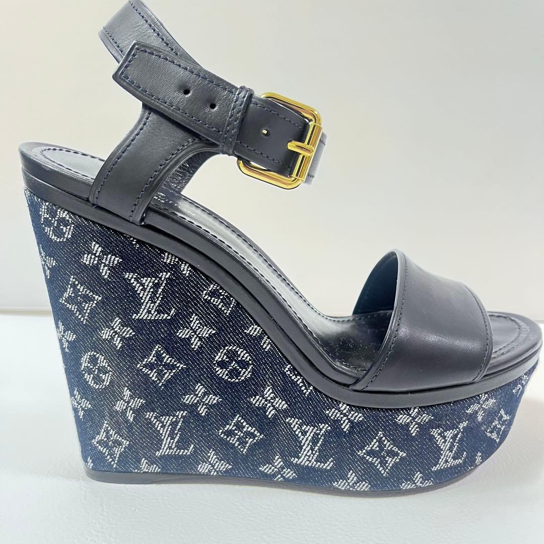 美品 ルイヴィトン　サンダル　ウエッジソール　モノグラム　デニム　ネイビー