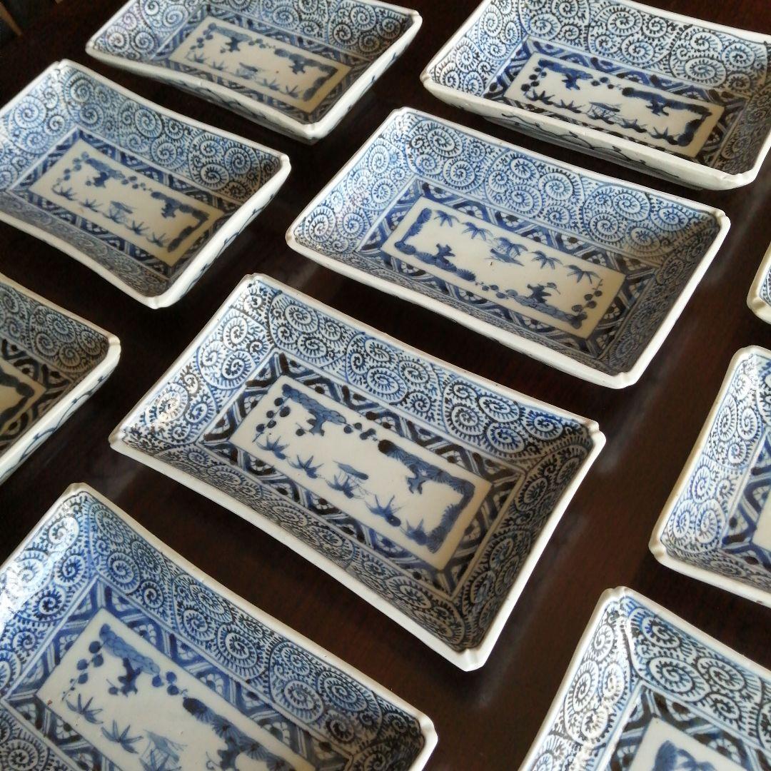 古伊万里　大明成化年製　染付蛸唐草長皿　10枚　19.5cm　江戸後期