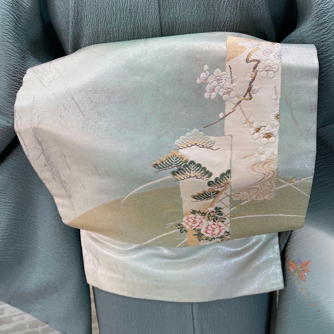 青緑色 小紋着物 刺繍入り