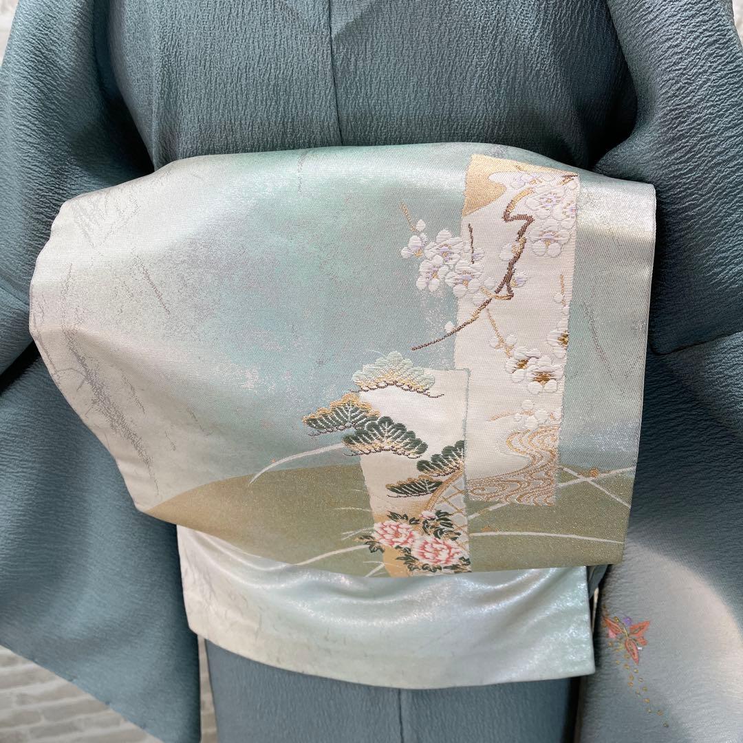 青緑色 小紋着物 刺繍入り