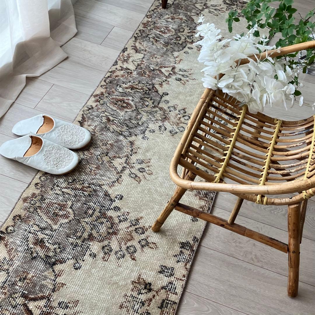 カフェオレベージュ54×220ブラウン　超ロングランナー　トルコヴィンテージラグ