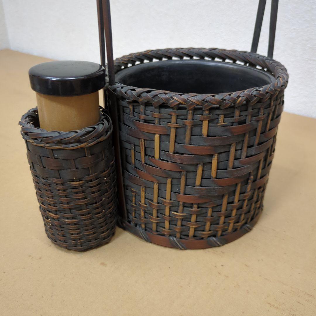 骨董　煙草盆　珍品　編み籠　内側陶器　花入　鉢カバー　手提げ　莨盆