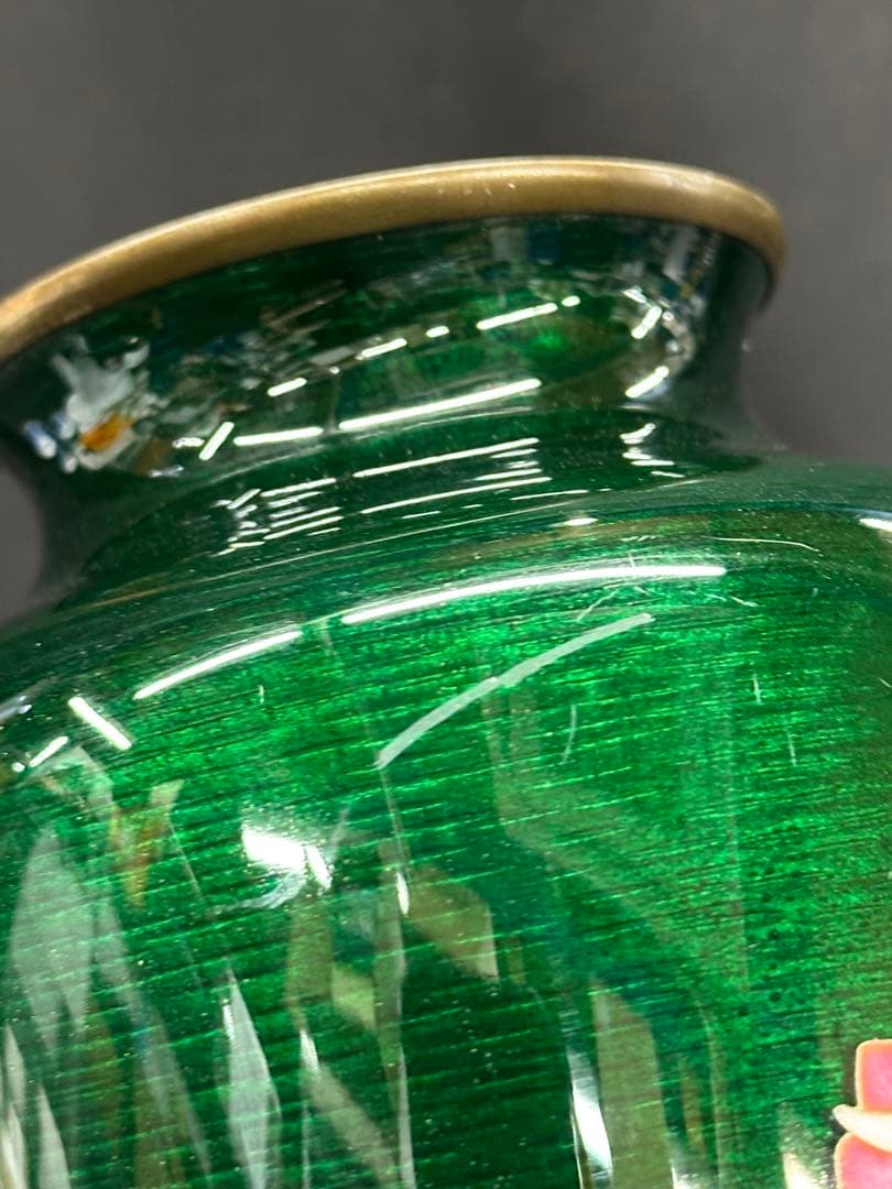 【USED】安藤　七宝　七宝焼　花瓶　壺　花　花柄　緑　グリーン