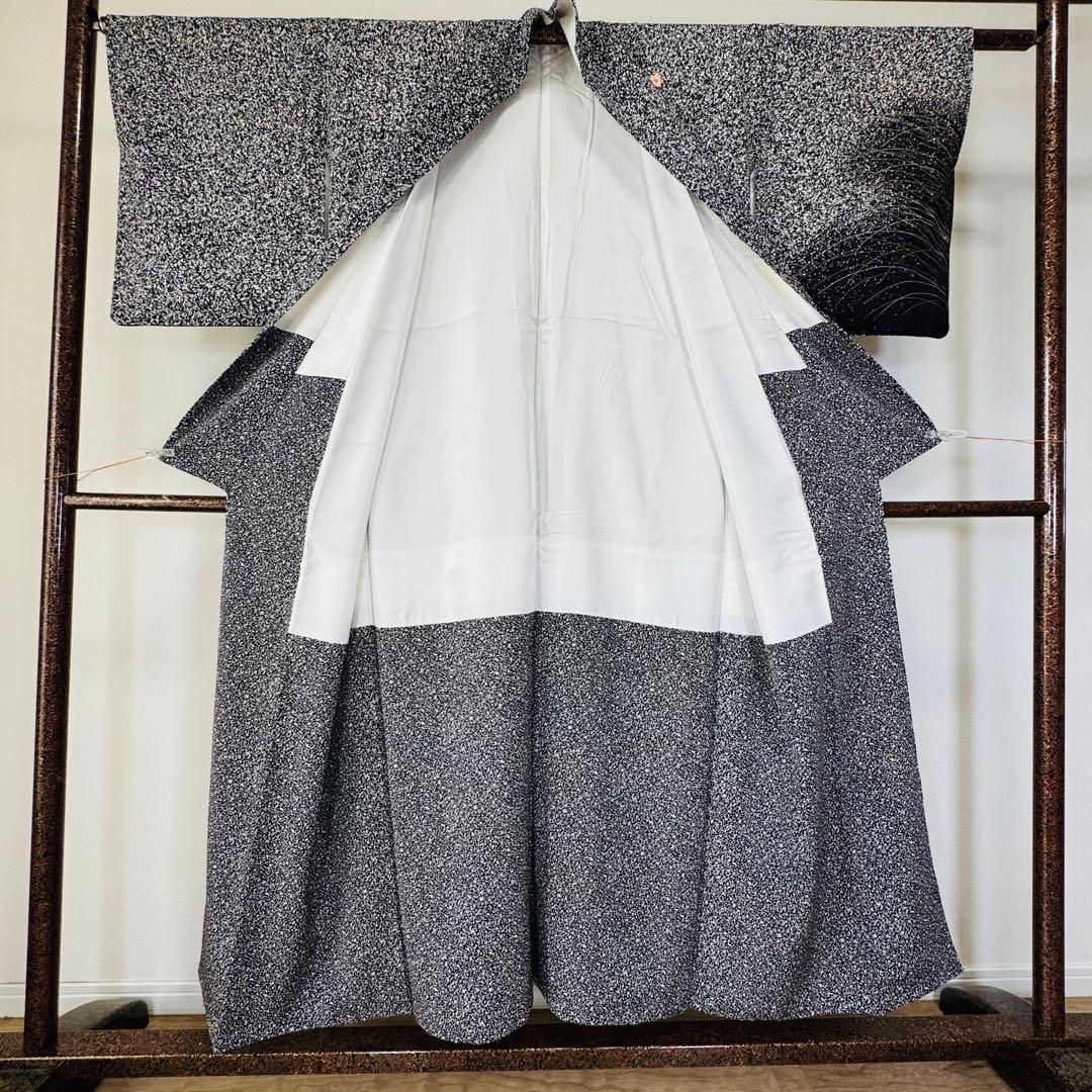 超美品　正絹　袷　訪問着　着物　帯揚げ　帯締め　袋帯　4点　152裄65 黒　白