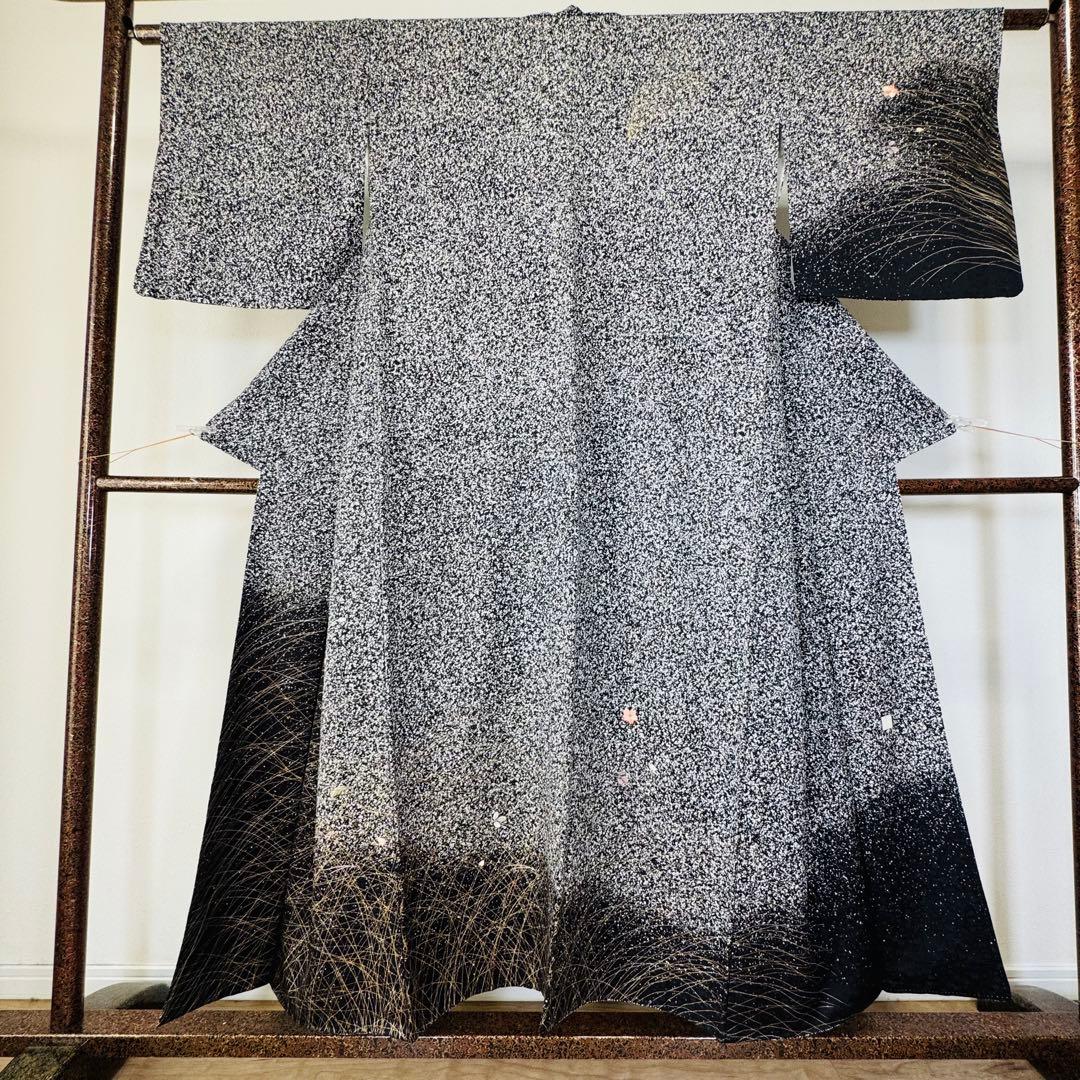 超美品　正絹　袷　訪問着　着物　帯揚げ　帯締め　袋帯　4点　152裄65 黒　白