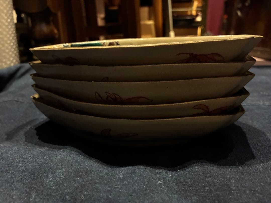 九谷焼　青手　絵がわり　菱皿　5枚　手描き　金彩　古手 傷無し　古九谷写