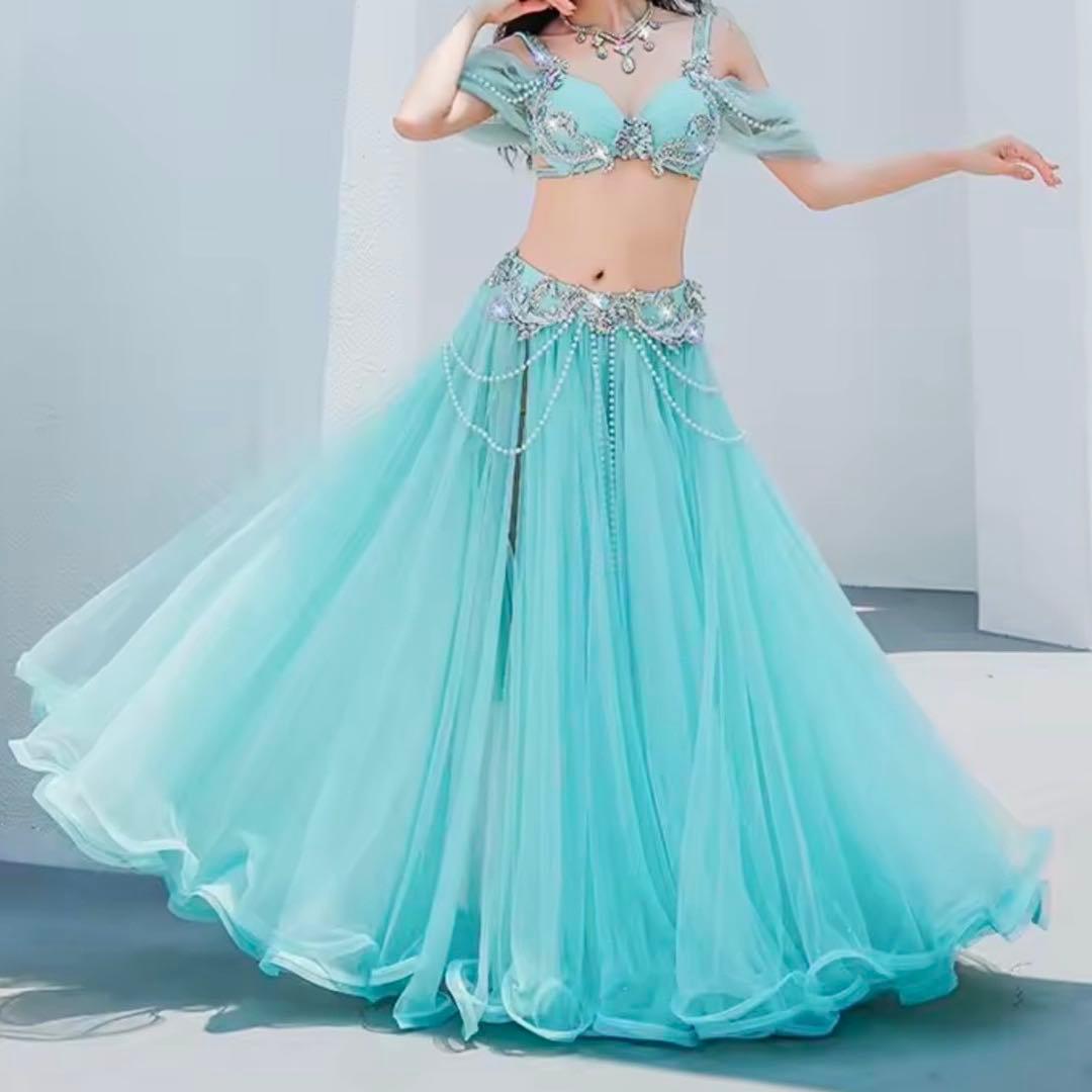 【新品】ベリーダンス衣装B ミントグリーン キラキラ パール オリエンタル M