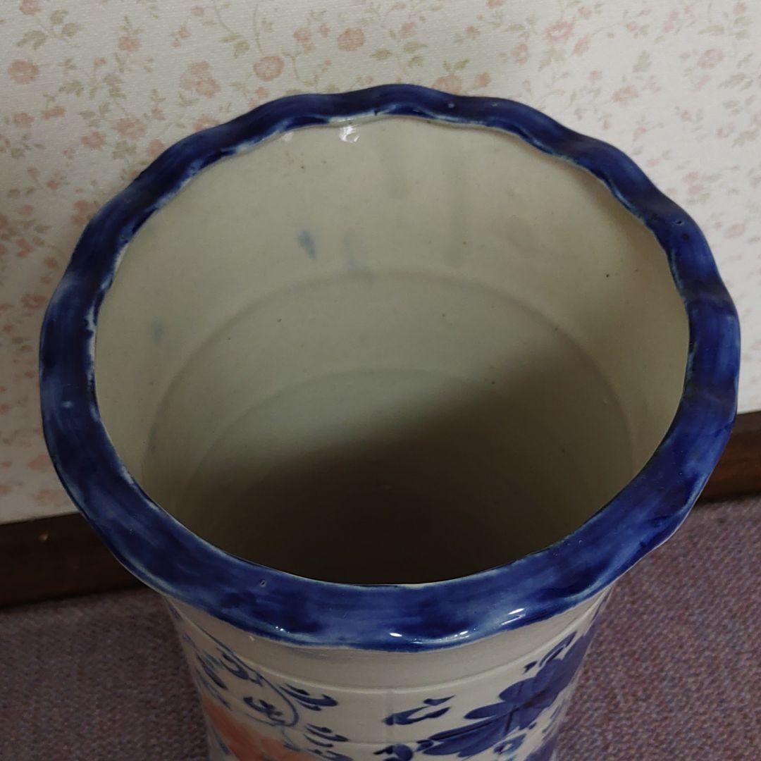 青とオレンジ色の花柄 傘立て 花器