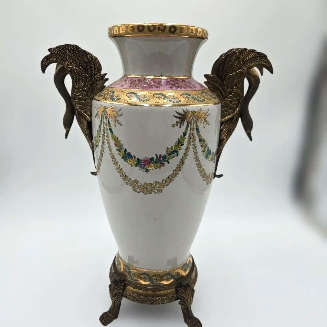 アンティーク 陶器製花瓶 白鳥のハンドル