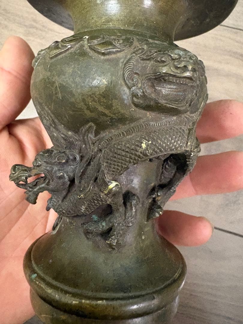 ▽ 錆物師 『鍋長』作江戸時代 龍雕刻 宣德銅製 古董