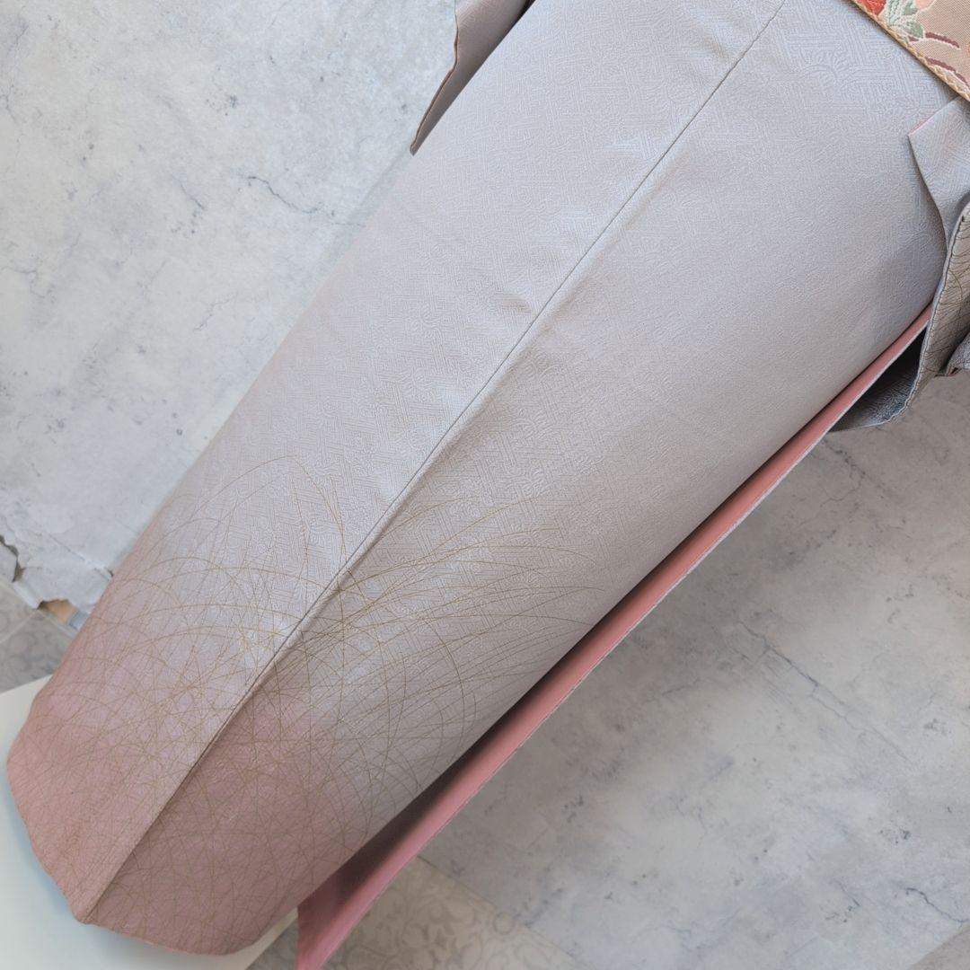 訪問着　フルセット　付け下げ　着物　正絹　シルバーグレー　金　花　O5