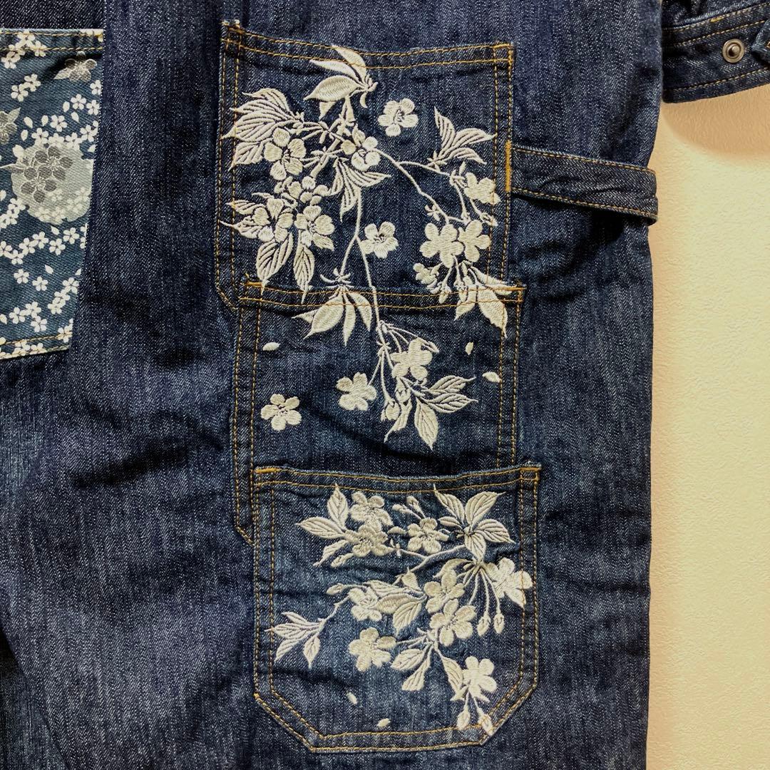 タグ付き　絡繰魂　鯉　桜　花　華　コイ　デニム　オールインワン　つなぎ　刺繍