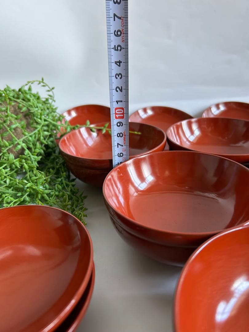 輪島塗　時代物 木製 梅鳥図　鈴形 布着 蓋付　朱色 煮物椀 吸物椀 10客