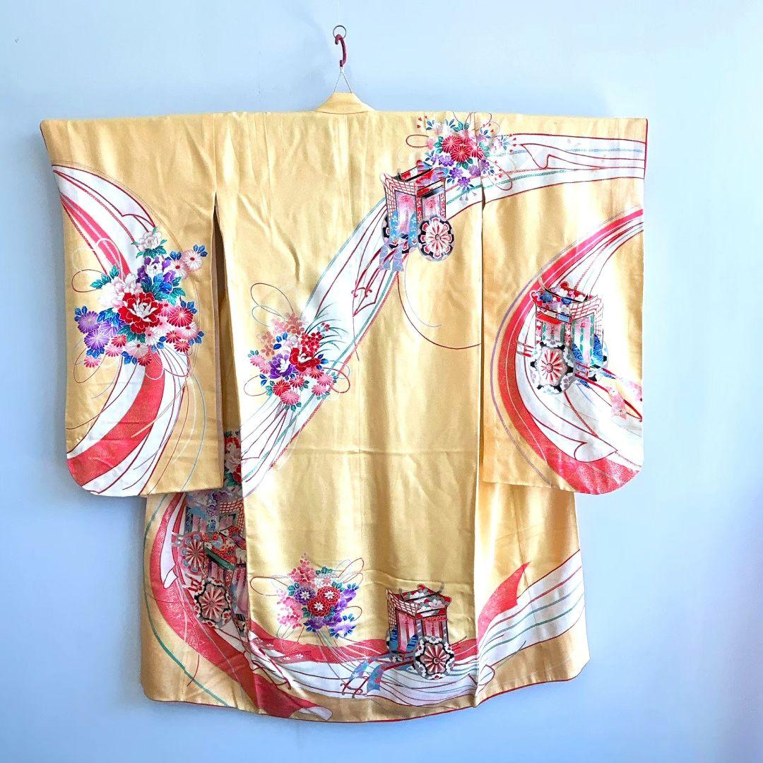 セット　七五三７歳女の子　着物＆作り帯＆袖なし長襦袢＆小物　クリーム色　花御所