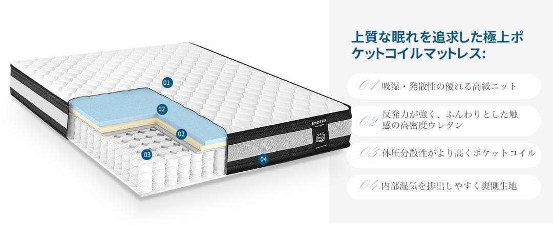 高級 マットレス シングル 高反発 独立スプリングポケットコイル 厚さも24cm