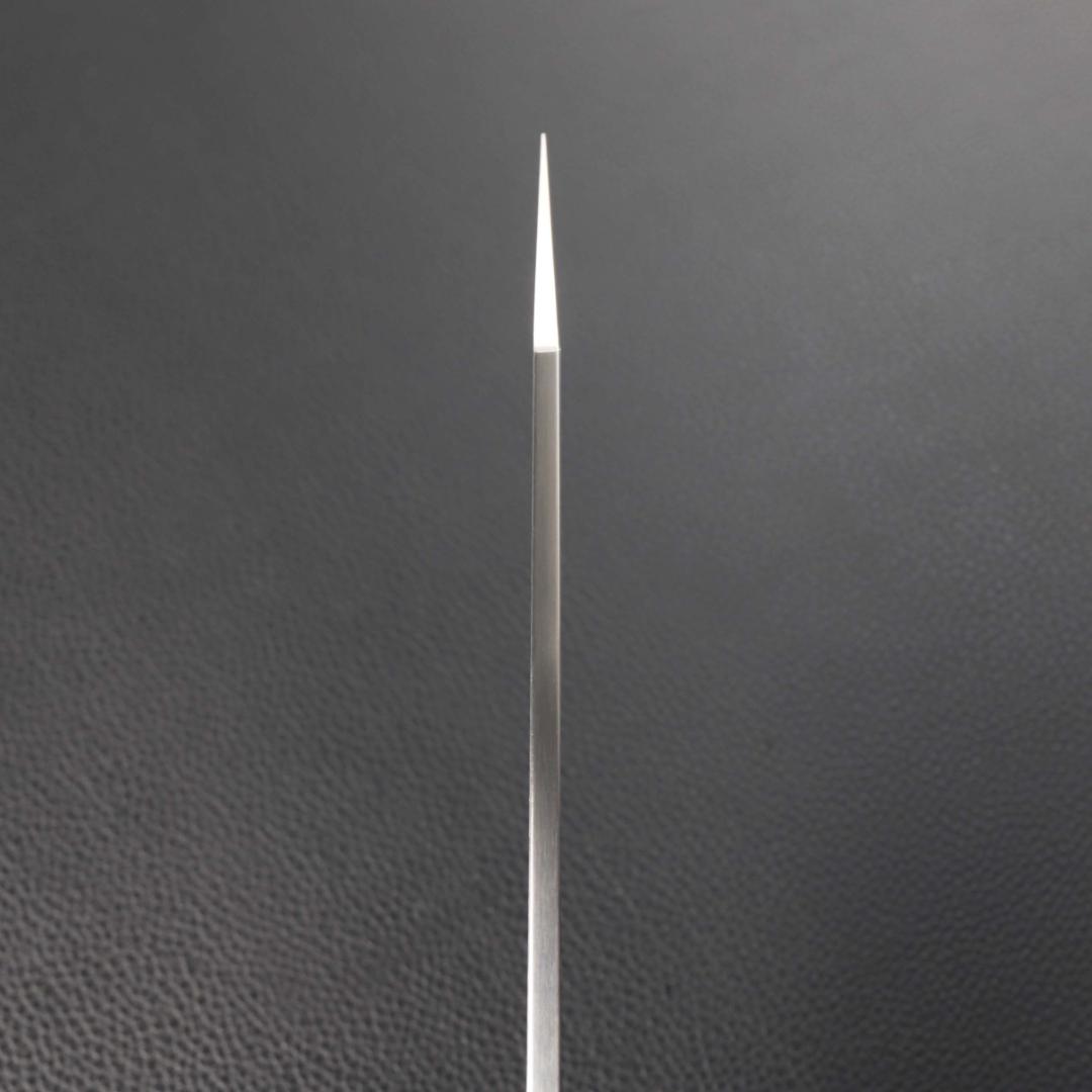 11148切付牛刀8寸ヘアライン仕上げ刃は究極の切れ味両刃包丁黒檀黒水牛角八角柄