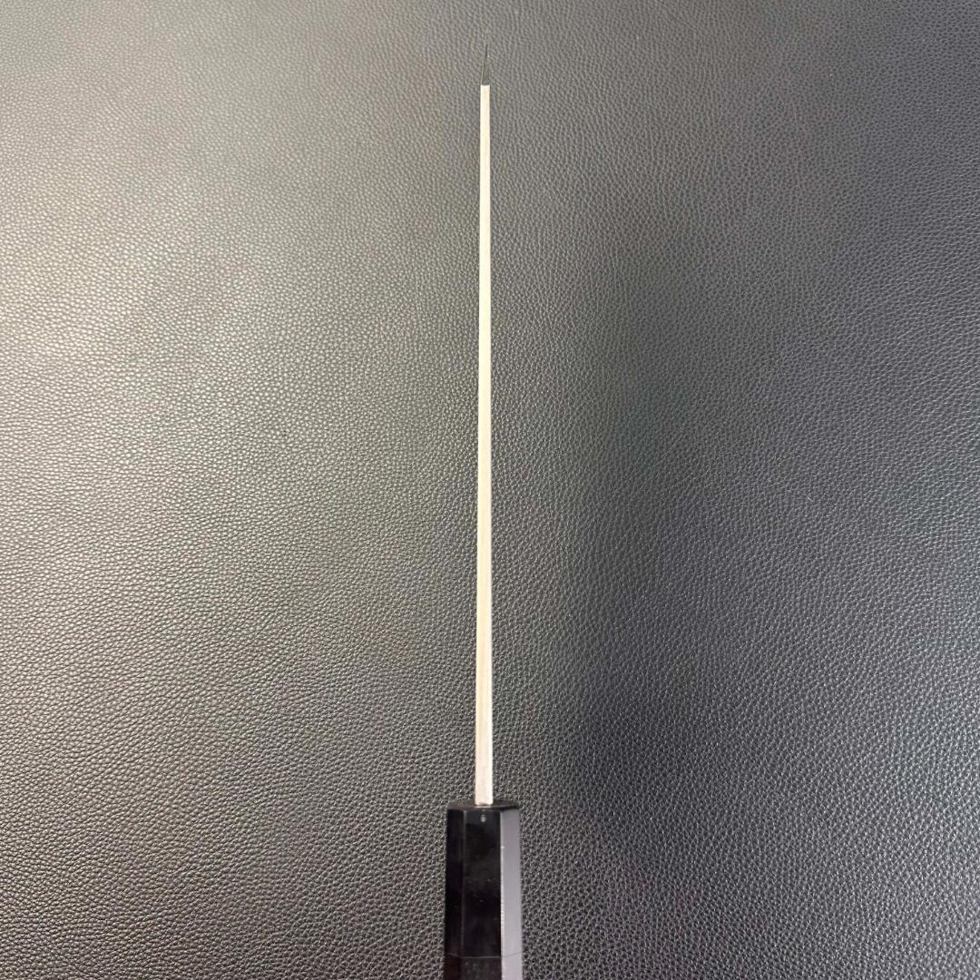 11148切付牛刀8寸ヘアライン仕上げ刃は究極の切れ味両刃包丁黒檀黒水牛角八角柄