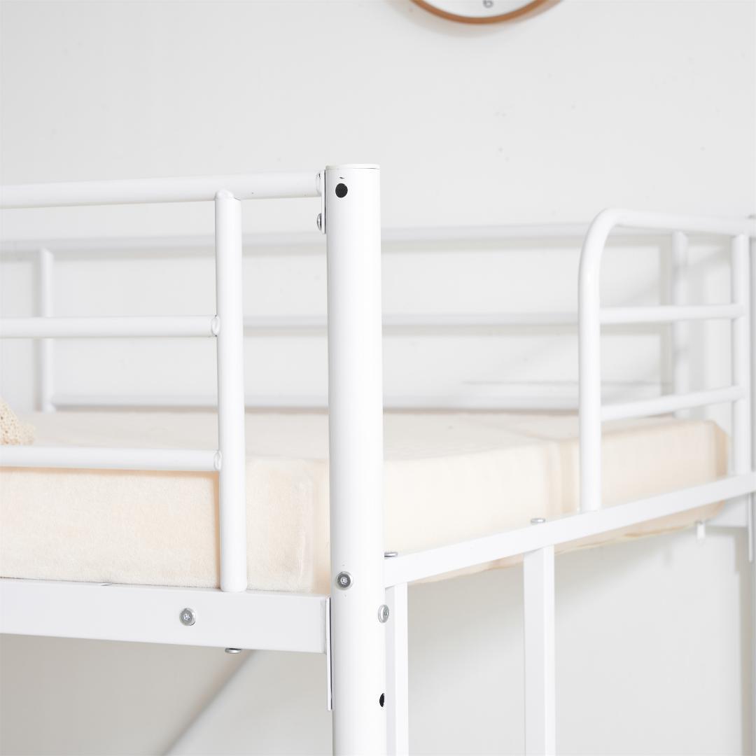 【ホワイト】ロフトベッド パイプベッド サイド棚付き シングルベッド木収納北欧風
