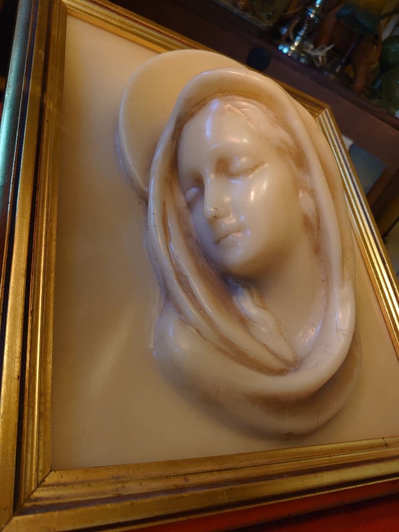 フランス アンティーク ワックス 蝋「マリア様」木製額ゴールドフレーム