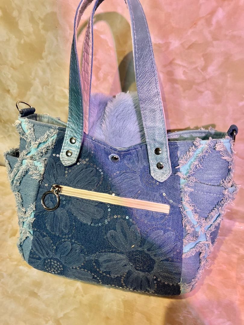 m*e様 コヤンイサムチョン　サイドポケットデニムバッグ　　　 本革持ち手　クラ