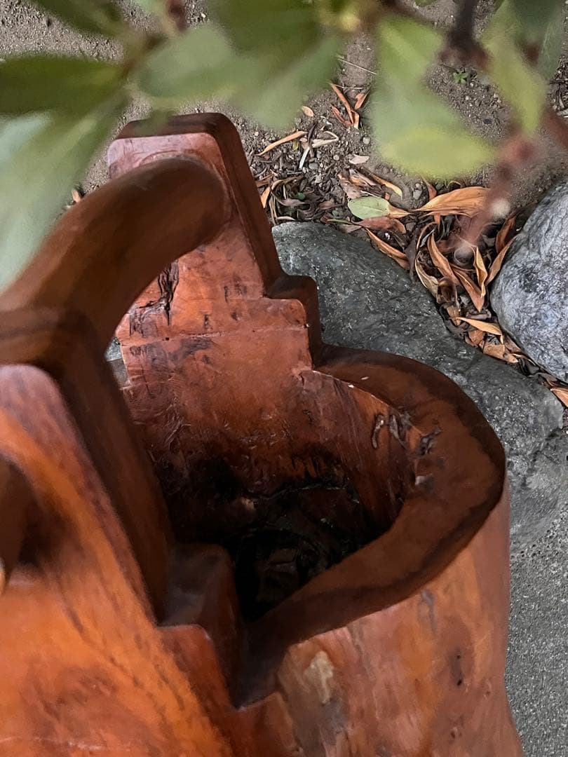 昭和レトロ天然木 無垢材 くり抜き 手桶型 傘立て 14.6kg 花器 古道具