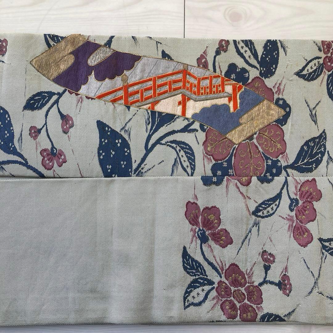 アンティーク名古屋帯　百人一首の刺繍　グレー　大正　正絹　N6-25
