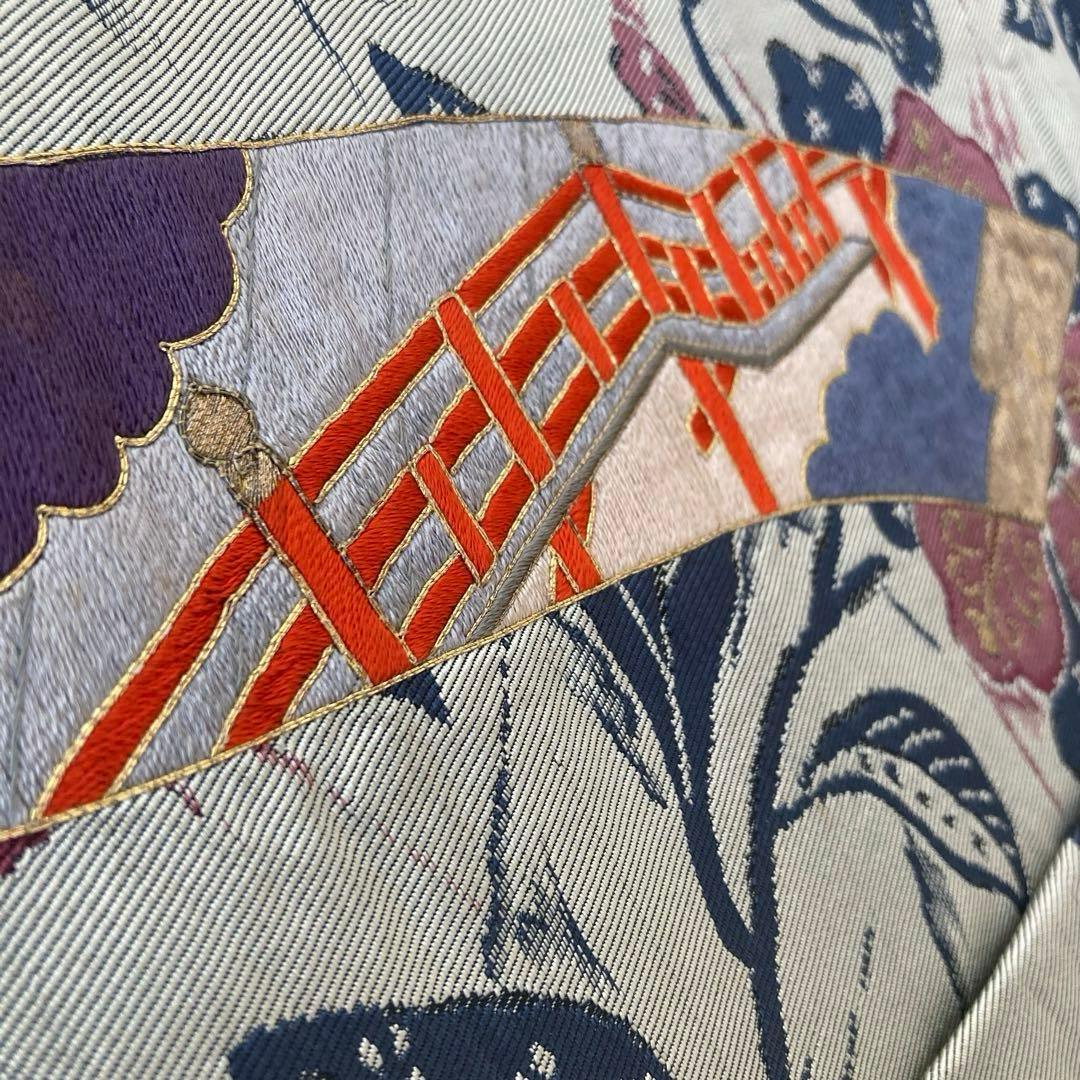 アンティーク名古屋帯　百人一首の刺繍　グレー　大正　正絹　N6-25