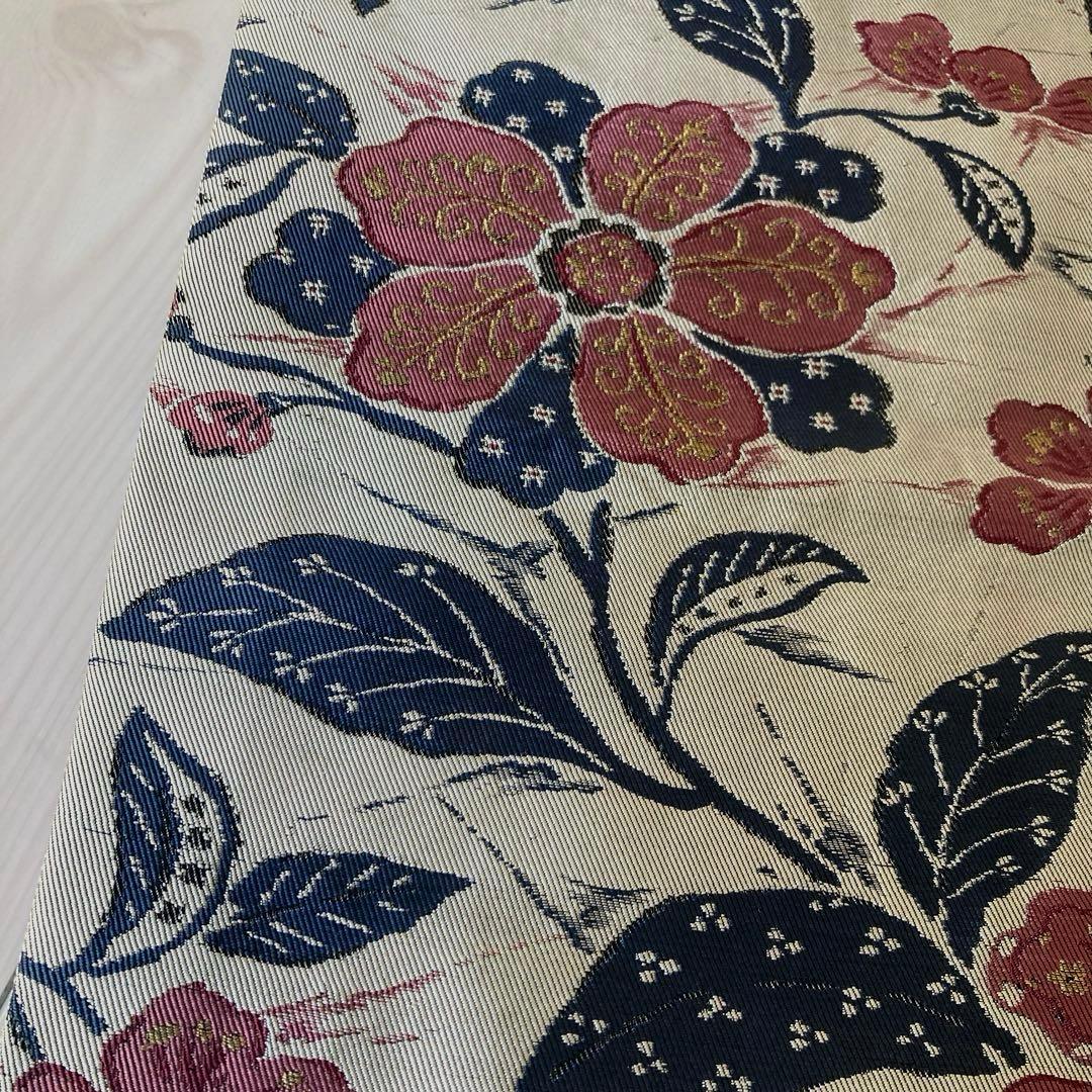 アンティーク名古屋帯　百人一首の刺繍　グレー　大正　正絹　N6-25