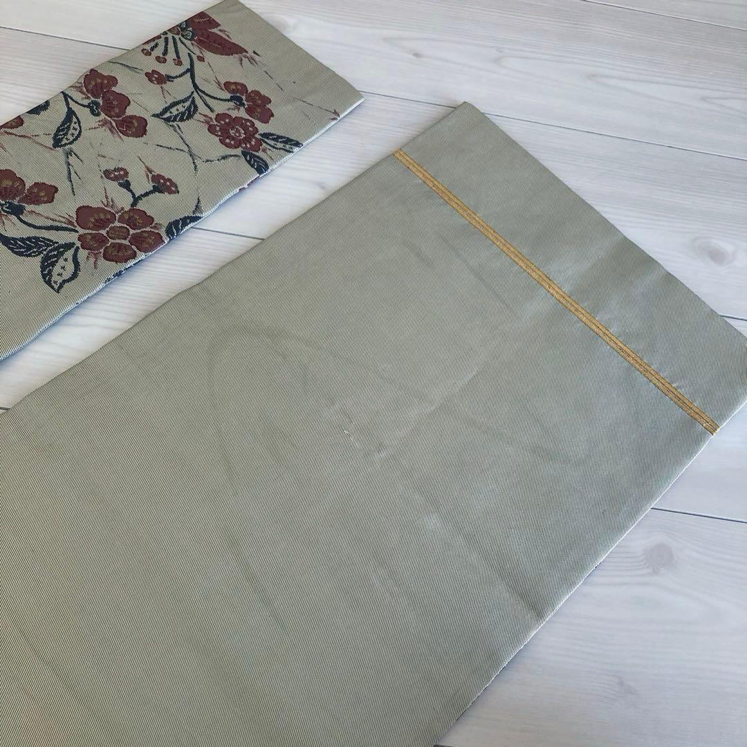 アンティーク名古屋帯　百人一首の刺繍　グレー　大正　正絹　N6-25