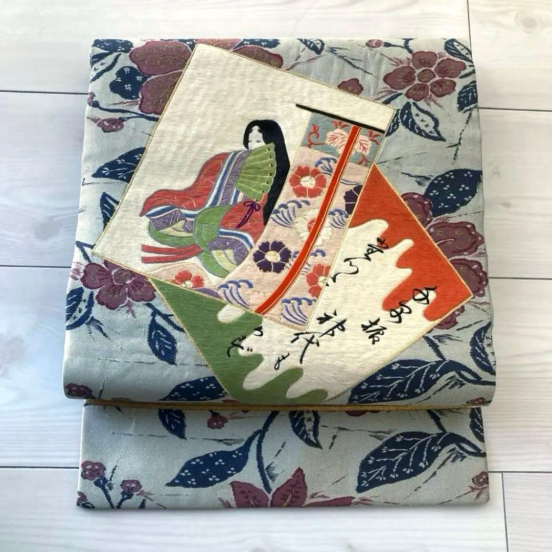 アンティーク名古屋帯　百人一首の刺繍　グレー　大正　正絹　N6-25