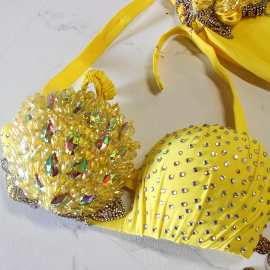 【ベリーダンス用オリエンタル衣装】ビジュークリスタル多数付き イエロー