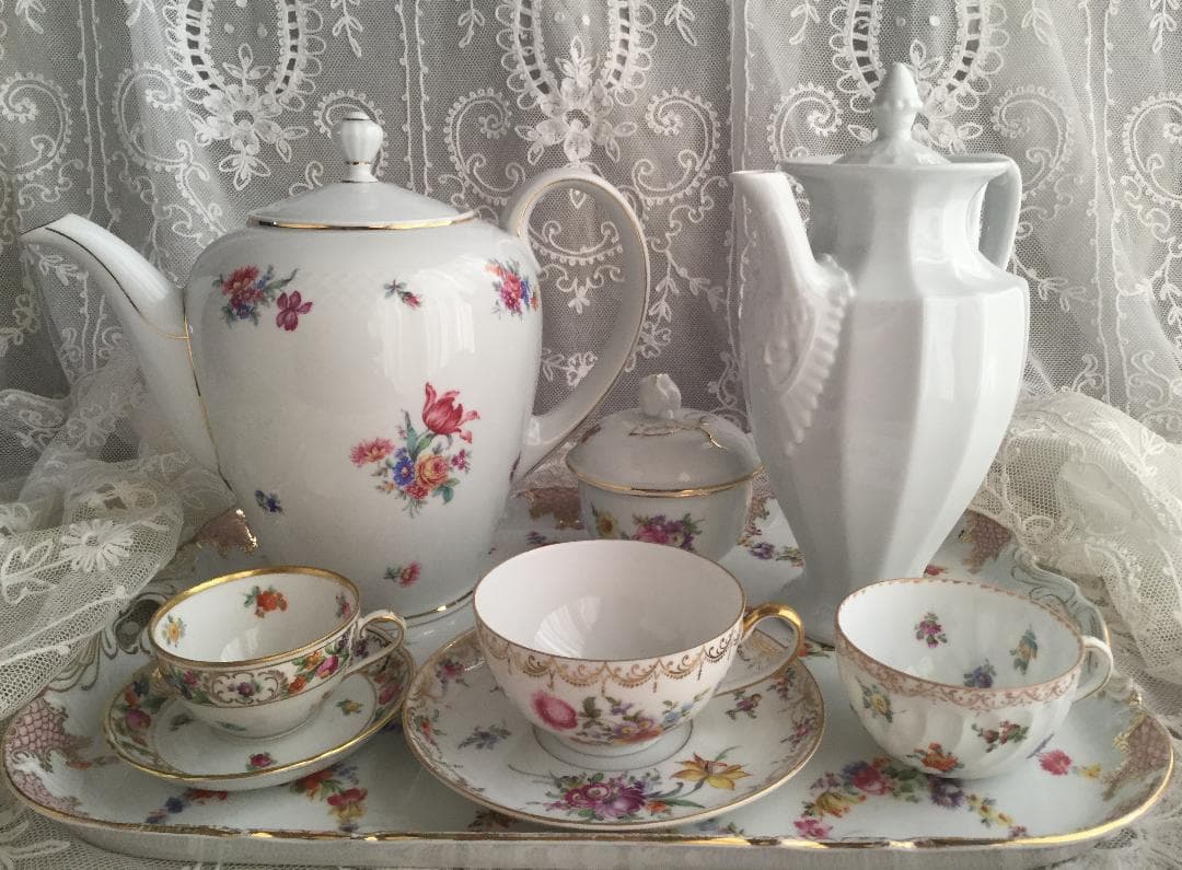 ドレスデン＆ドイツ製 お花柄そろえティーセット 当分セット販売のみです。
