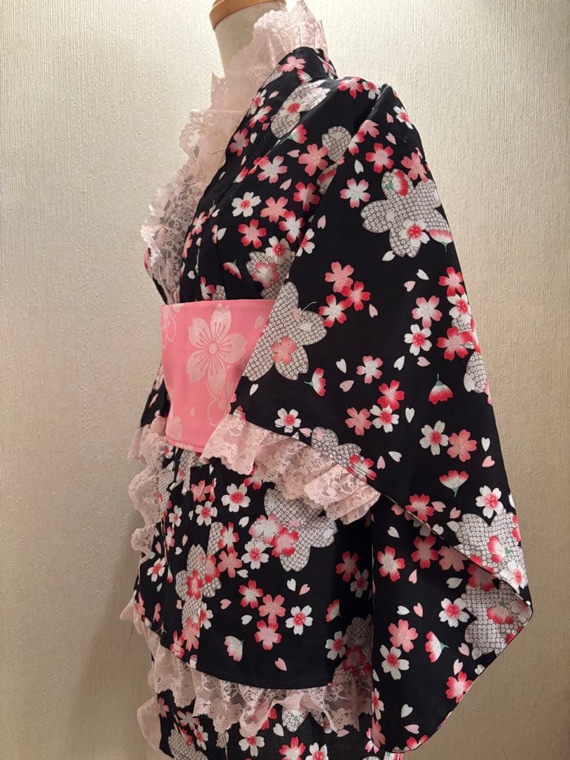 浴衣ドレス 2段スカート 黒ピンク　桜 地雷ギャル 姫ギャル 平成ギャル