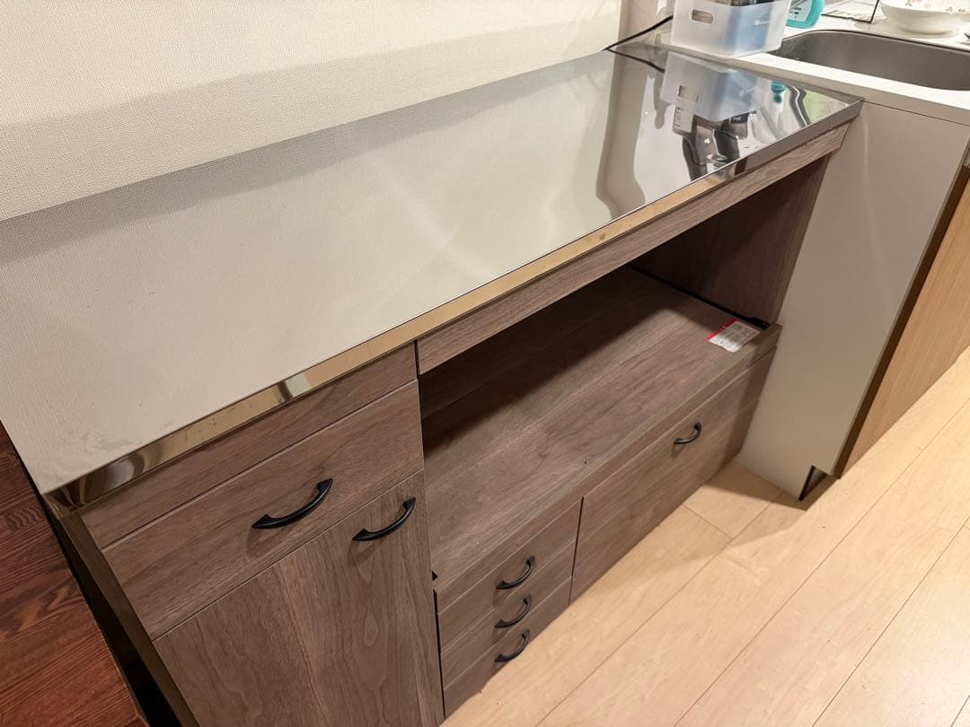 木製キッチンカウンター 収納付き　ステンレス台