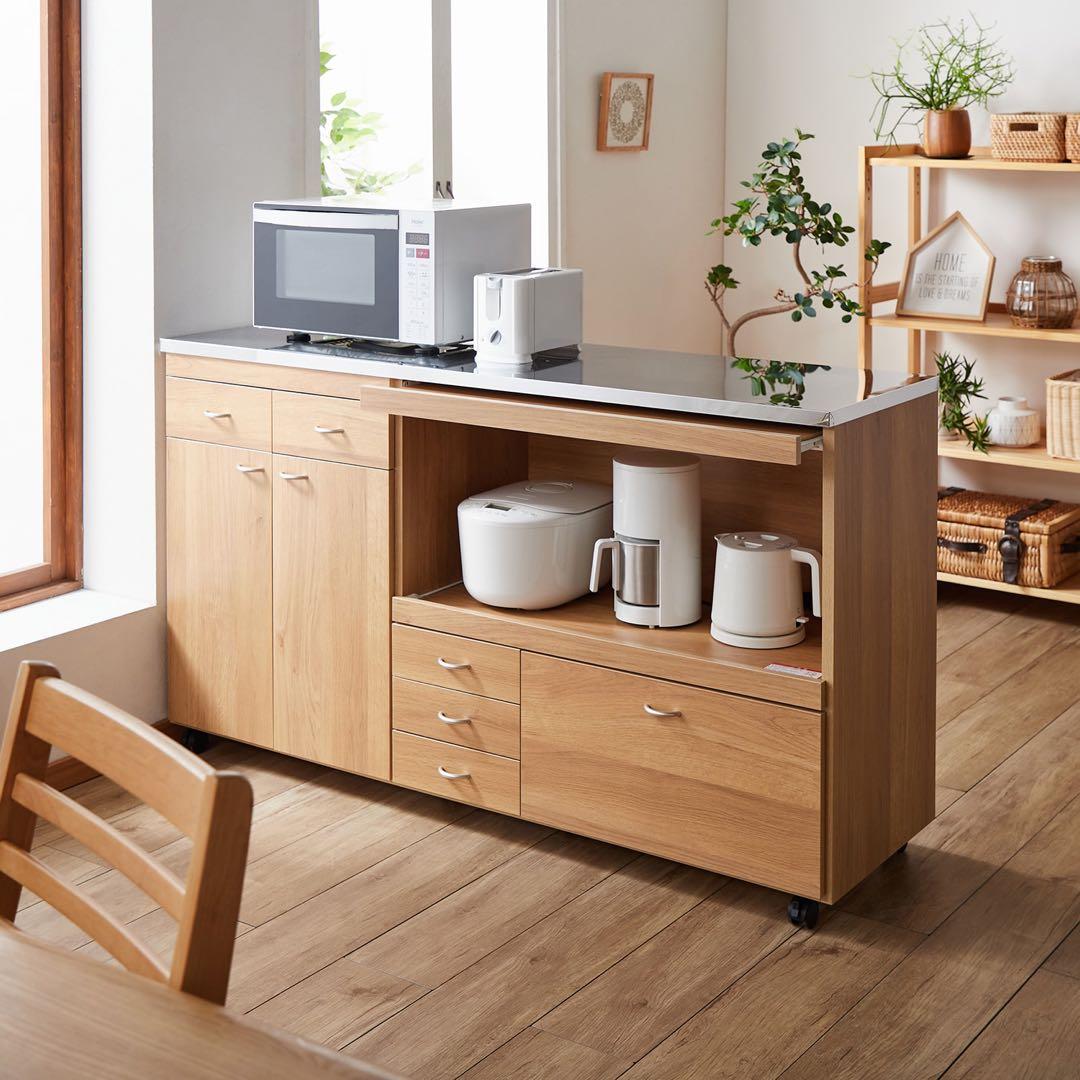 木製キッチンカウンター 収納付き　ステンレス台