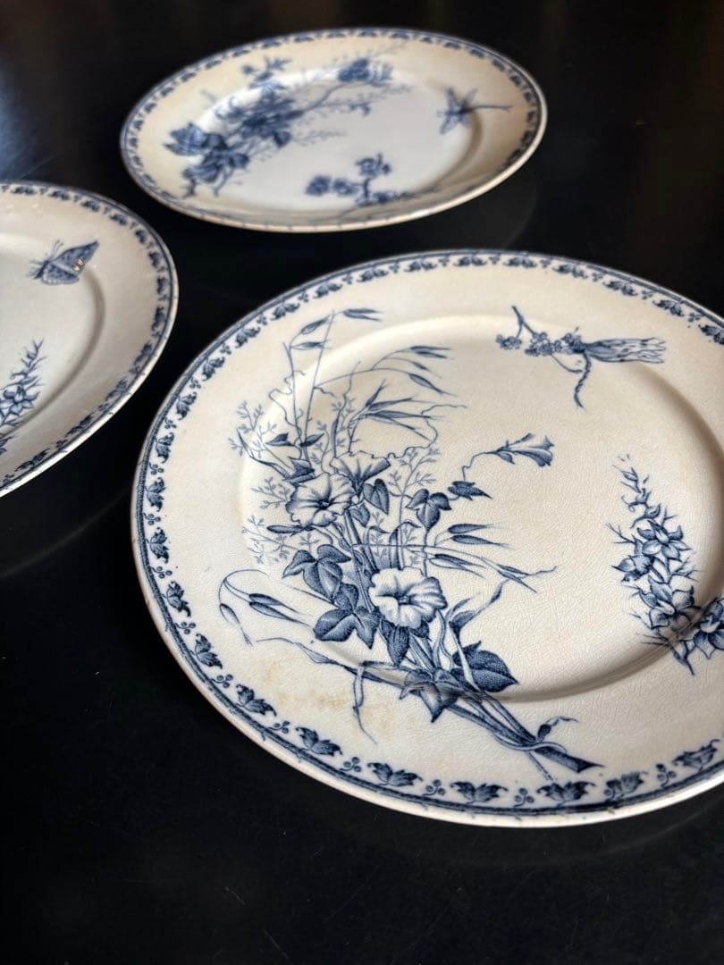 フランスアンティーク青い花柄の皿 3枚セット