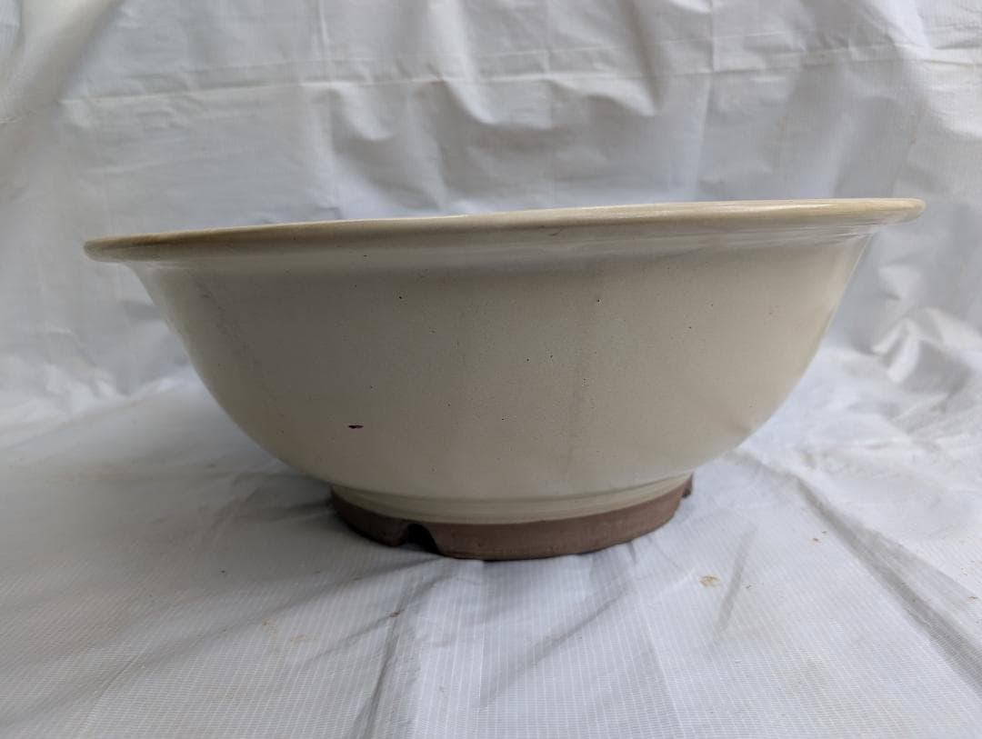 大型 盆栽鉢 丸鉢 外径49cm 高さ19cm 無刻印 白系 ヒビあり 現状品