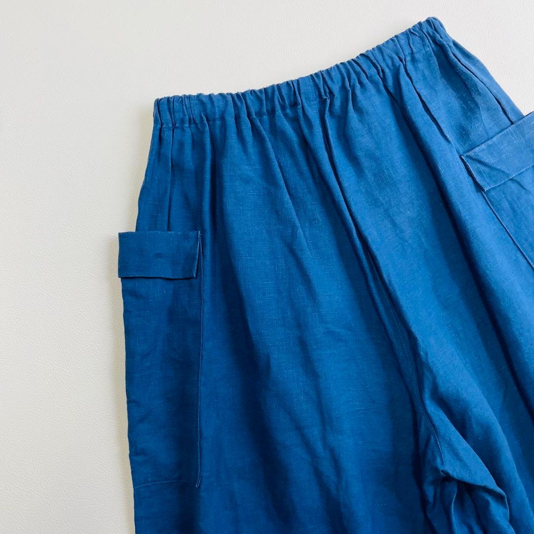 6105 中川政七商店　リネンガウチョパンツ　麻100% サイドポケット　ブルー