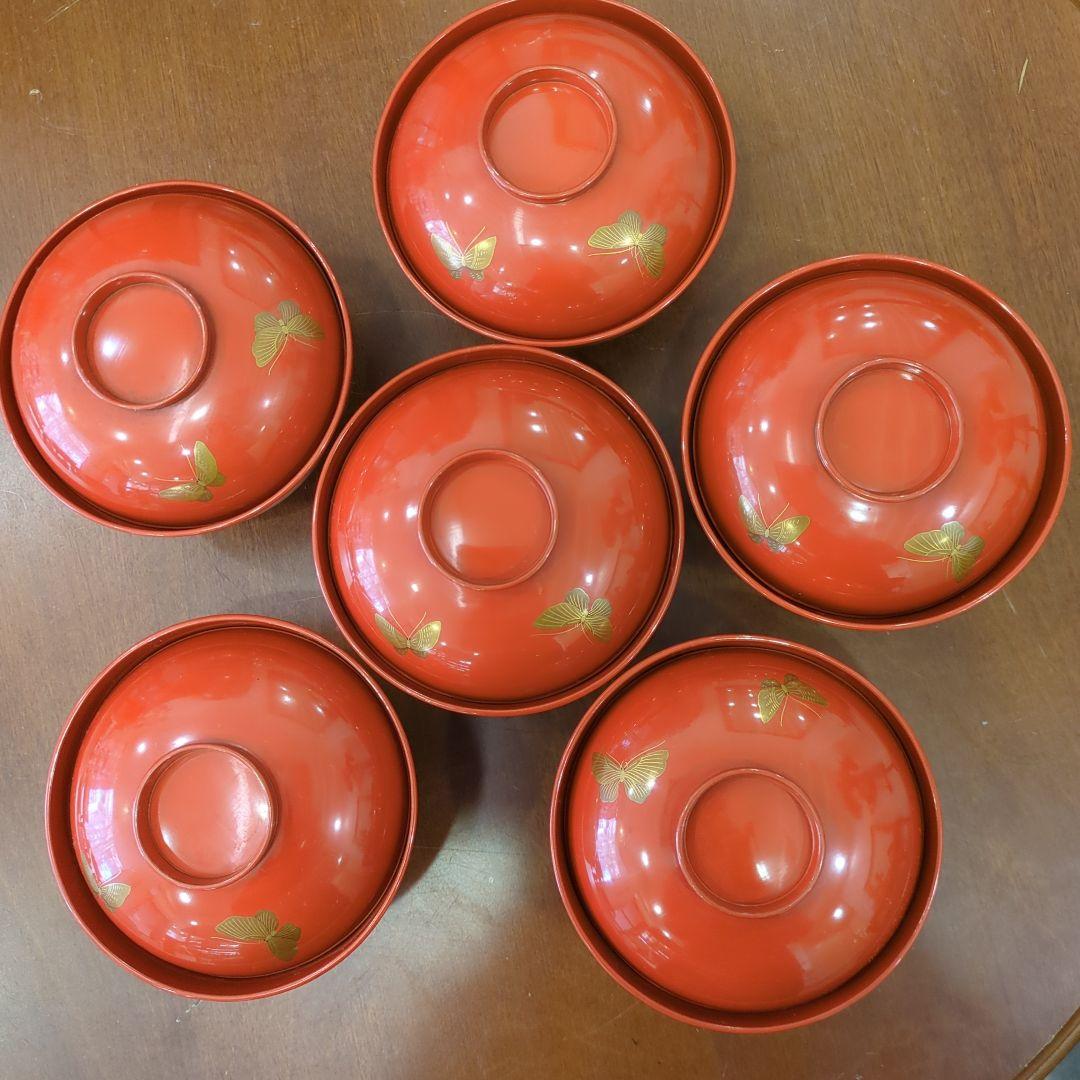 骨董　お椀　木製漆器　蒔絵　図変わり　花尽くし　蓋付き　6客