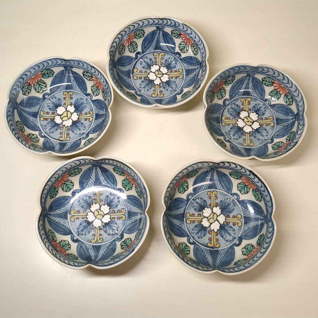 佐藤走破　走破窯　六代　佐藤走破作　染錦菊牡丹文　高杯小鉢５個