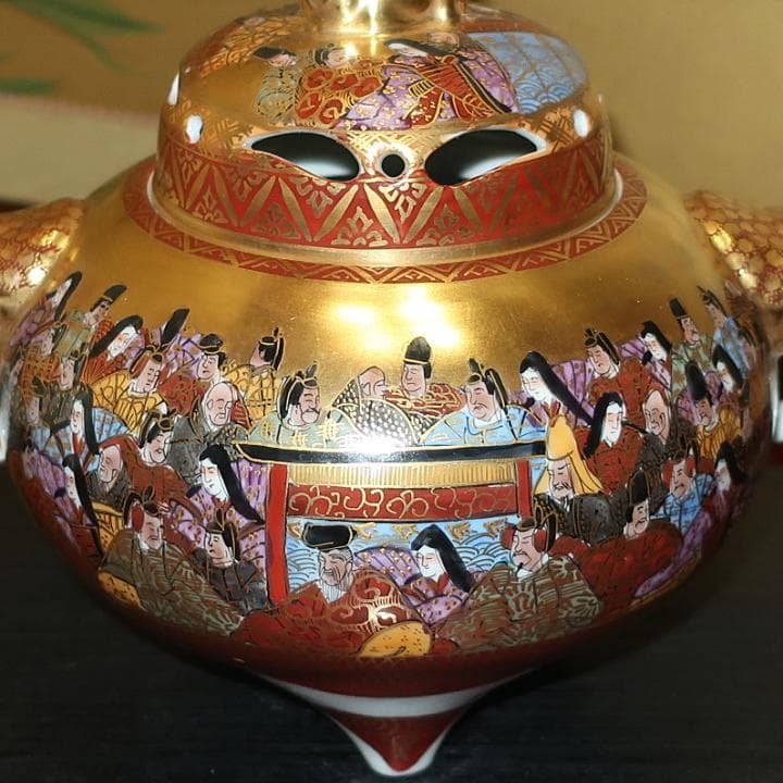 【故物骨董】豪華絢爛　九谷焼　大香炉　本金百人一首　岳陽作