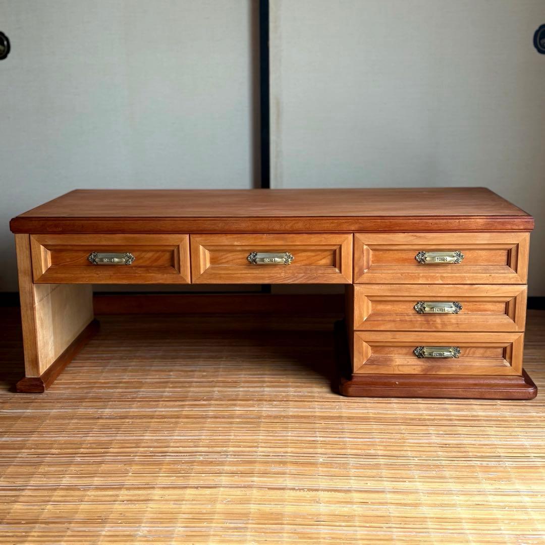 特注品【無垢材×ガラス天板】和モダン デスク ローテーブル 5杯 柿渋×蜜蝋