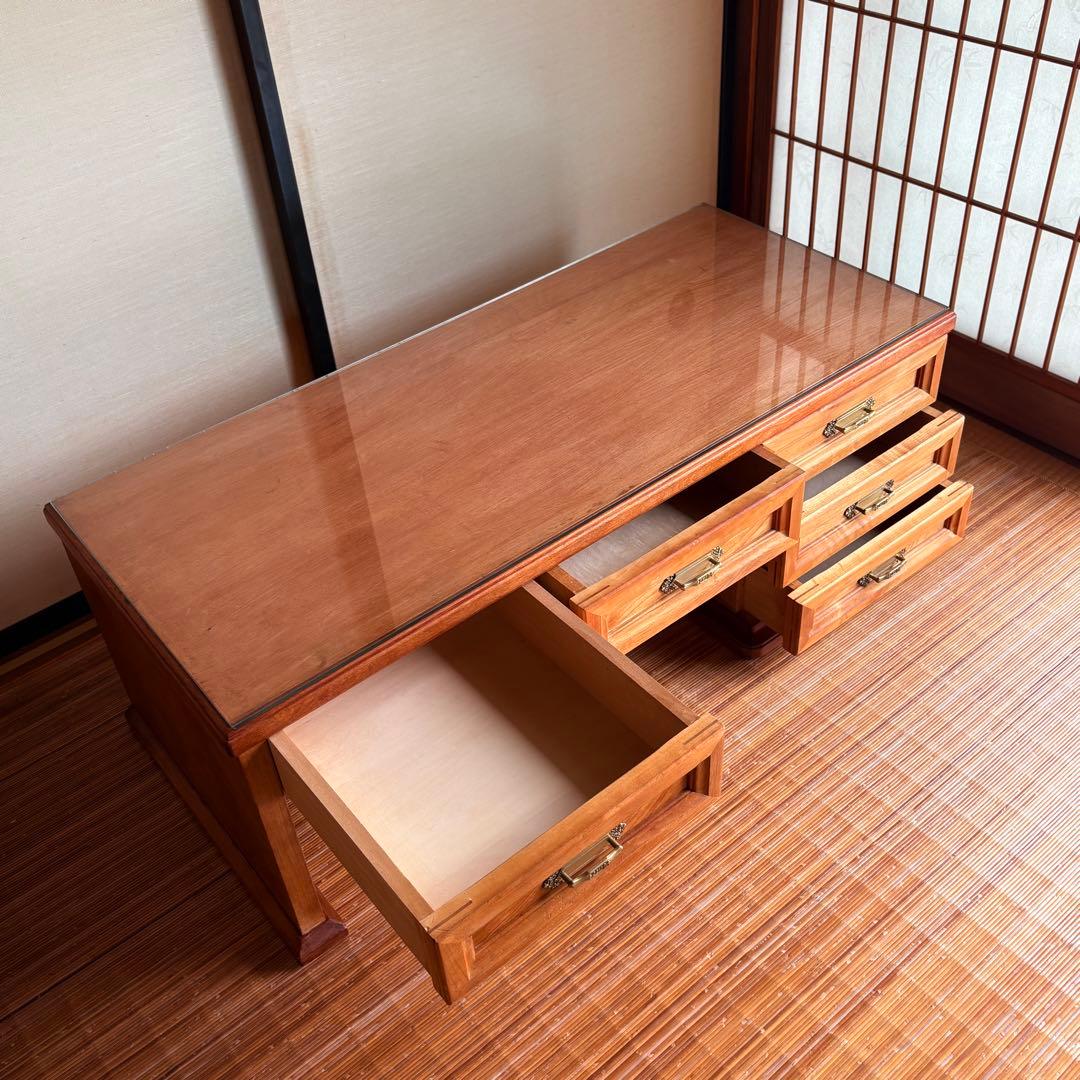 特注品【無垢材×ガラス天板】和モダン デスク ローテーブル 5杯 柿渋×蜜蝋