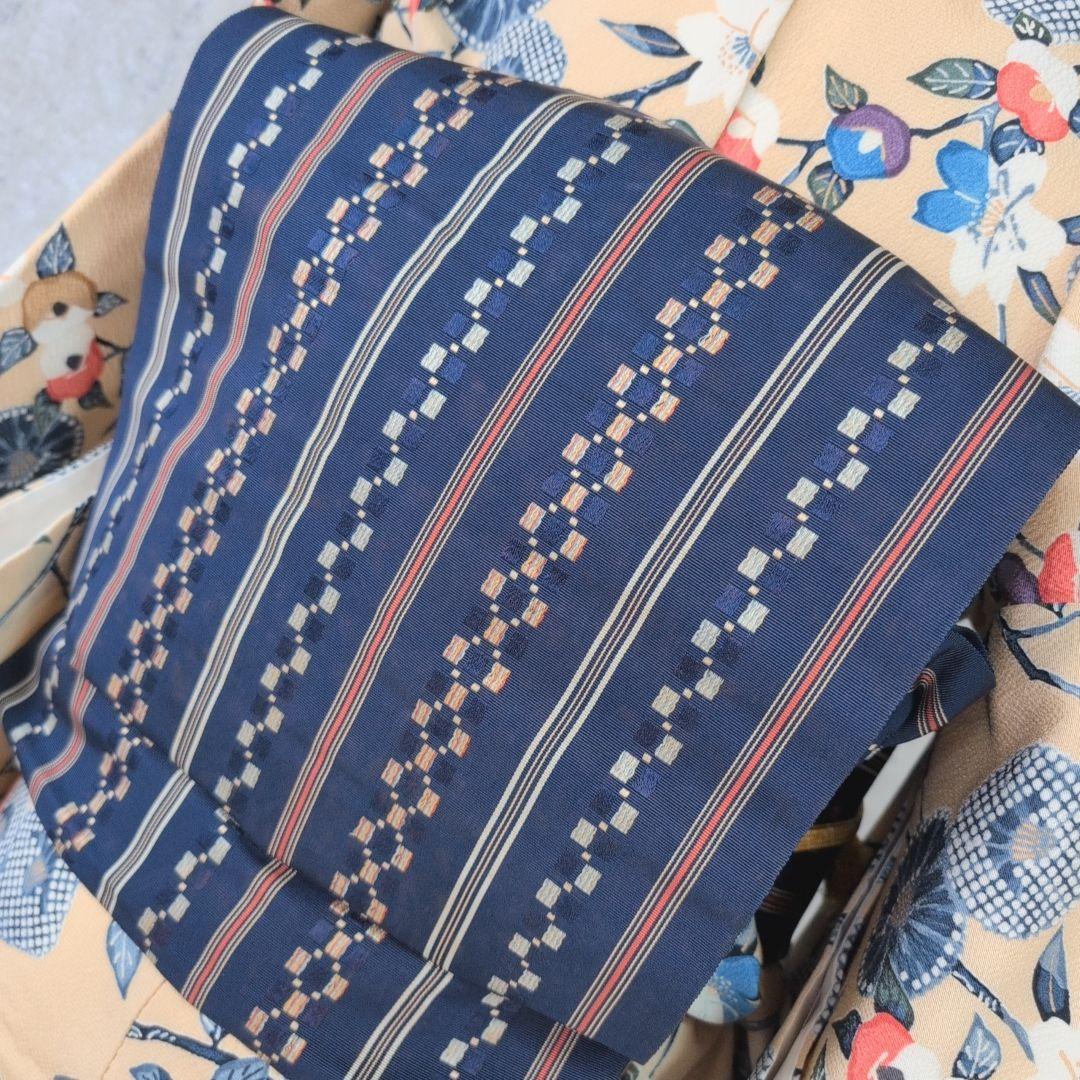 小紋単品　着物　正絹　椿　花柄　黄ベージュ地　可愛　着物美品　D2