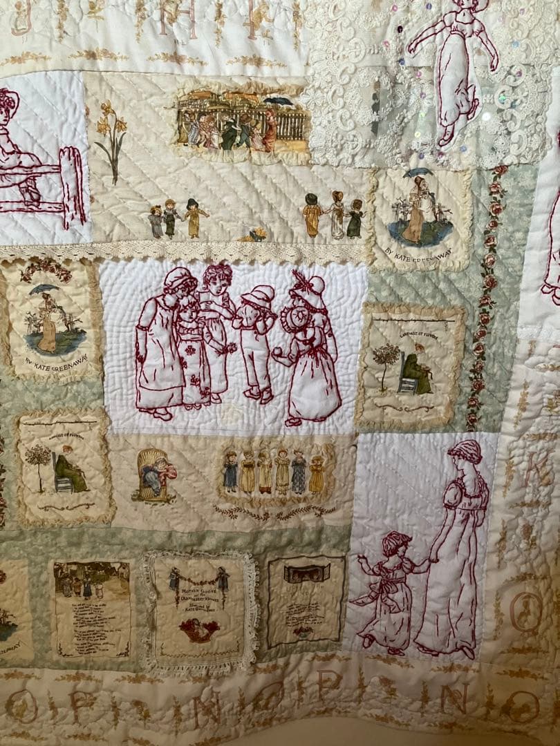 ケイトグリーナウェイの図案のレッド刺繍と生地のパッチワークキルトタペストリー