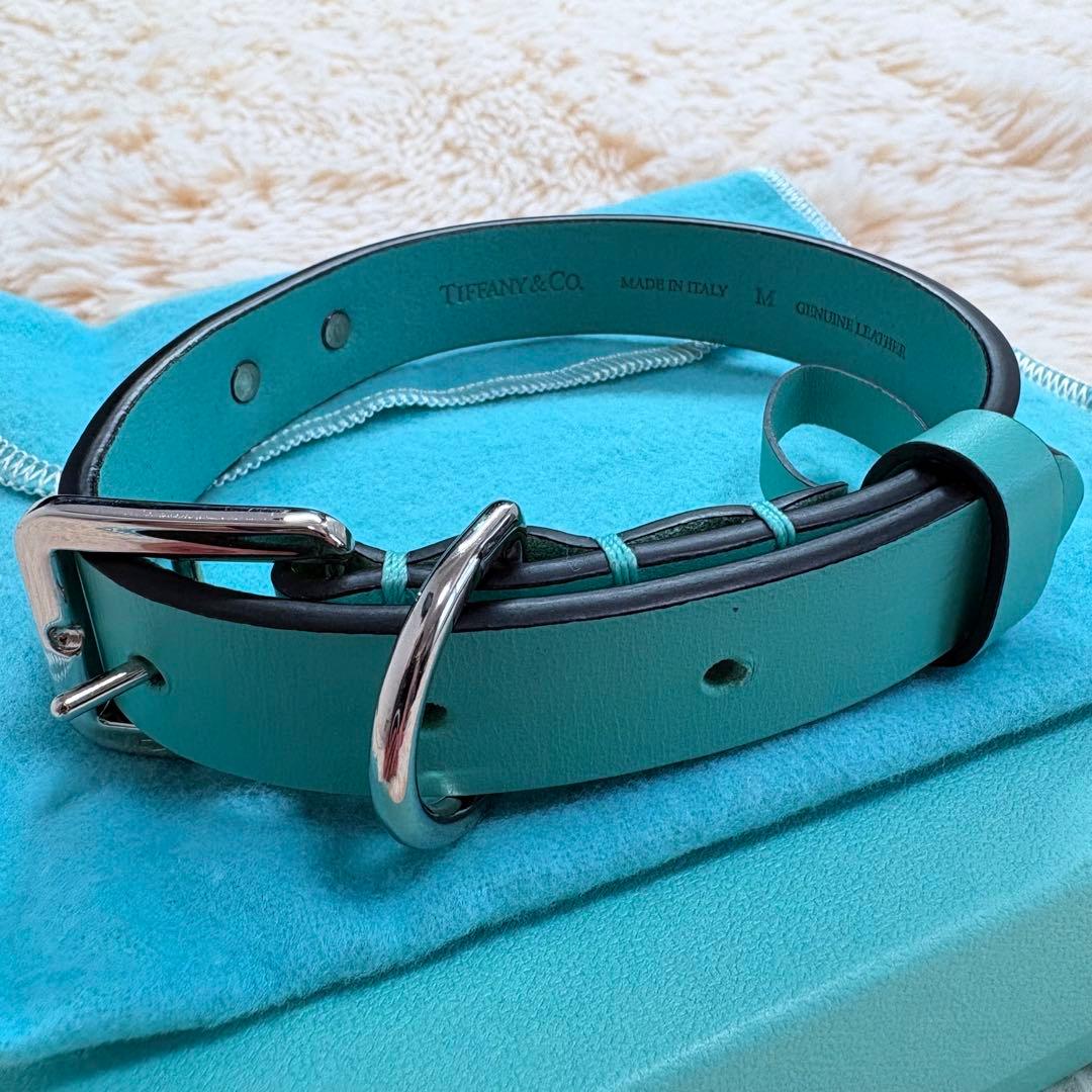未使用級✨Tiffany レザー首輪 M プレート 金具 4段調整