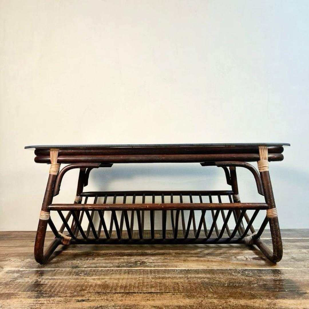 アンティーク ラタン ローテーブル 籐 ガラス天板 ヴィンテージ 小ぶり